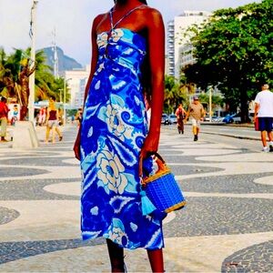 Farm Rio Tropical Groove Blue Midi Dress sz L